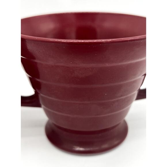 Hazel Atlas Moderntone Burgundy Red Footed Creamer & Sugar Set Vertical Ribbing - Picture 10 of 14